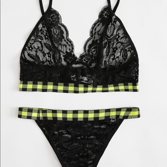 NEW gingham trim floral lace black lingerie set - Picture 4 of 5